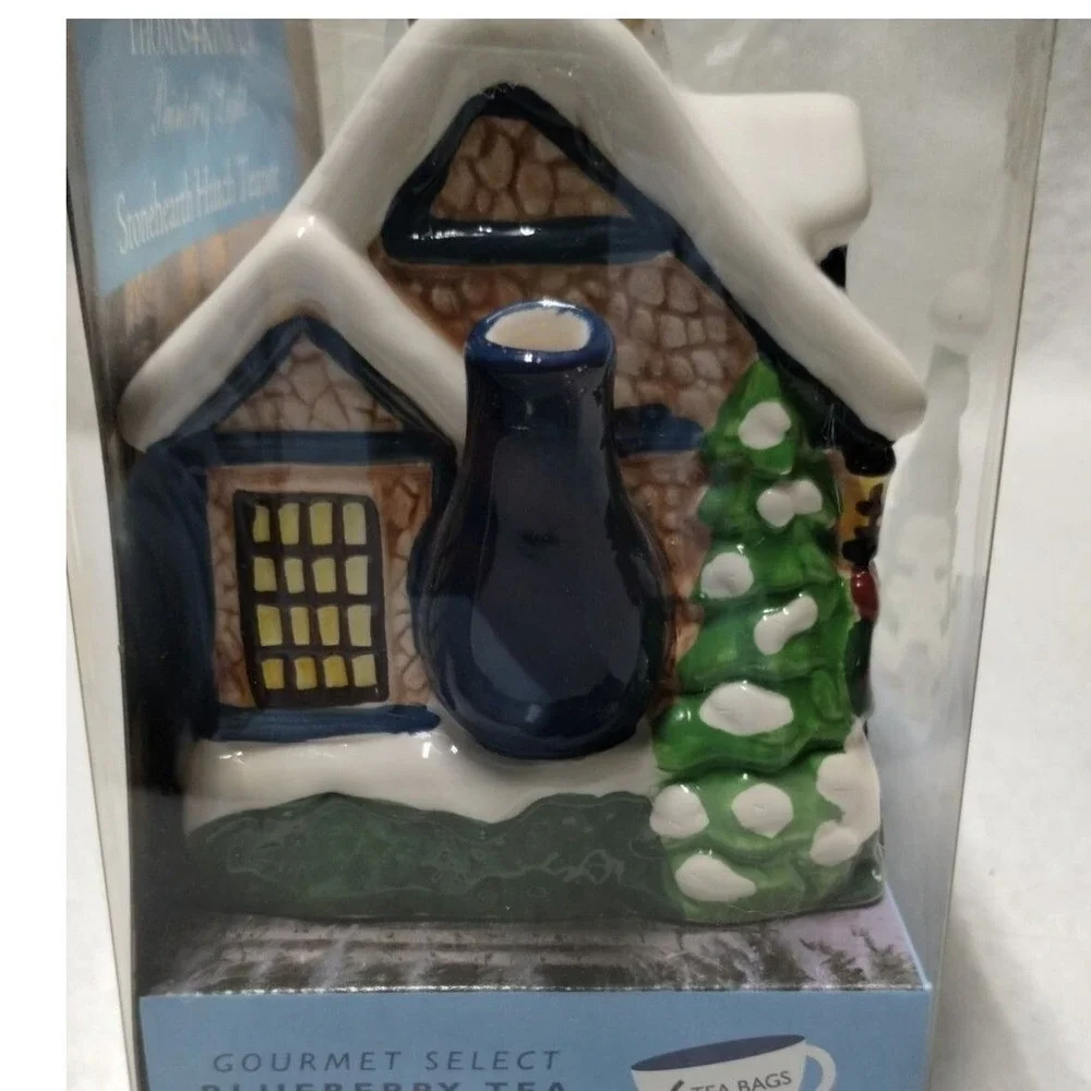 Thomas Kinkade Stone hearth Hutch Teapot Blueberry‎ Tea Gift Set 2006